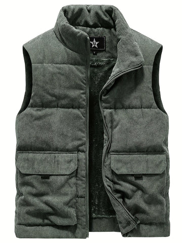 Thick Plush 100% Polyester JPDUN Men's Winter Vest - Casual Stand Collar, Multi-Pocket Outdoor Workwear, Warm Camisole Jacket, Loose Fit, Woven, Non-Stretch